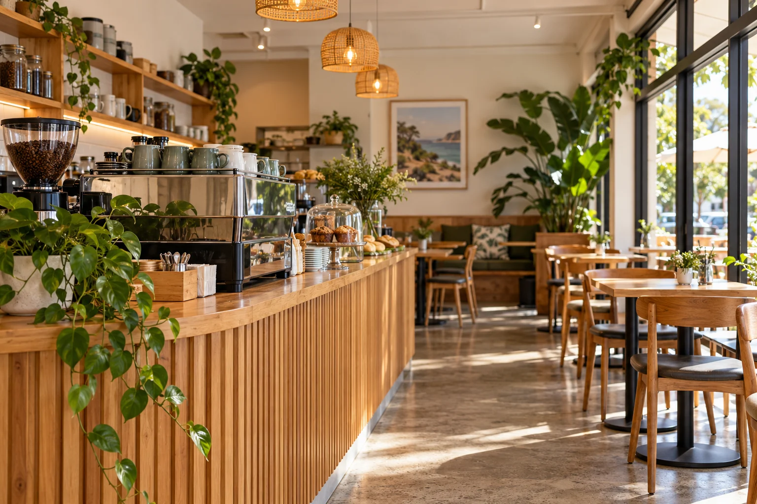 A modern cafe interior representing small business finance